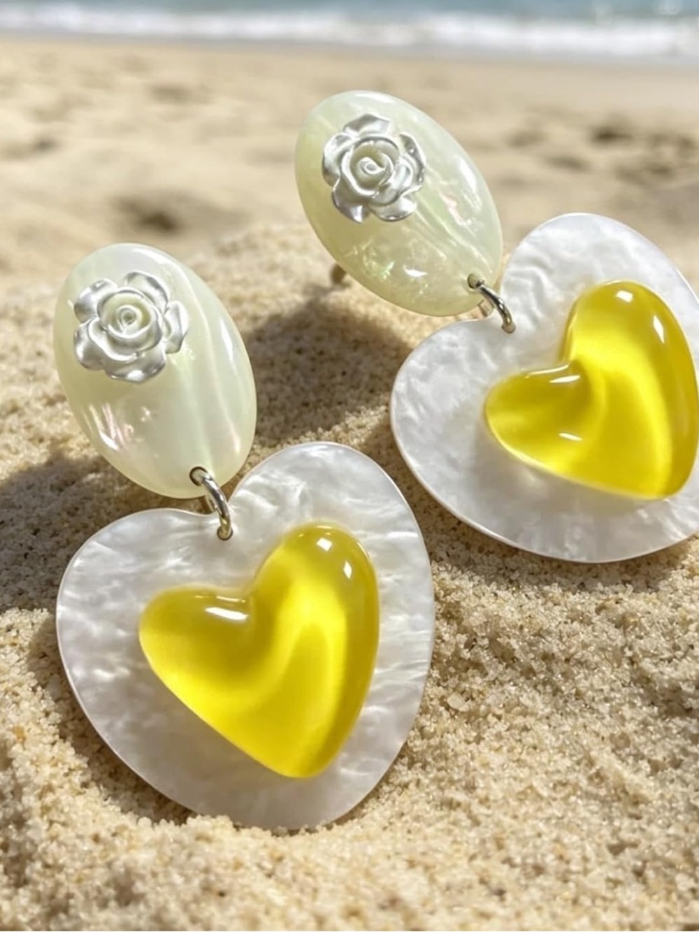 White Heart Drop Earrings with Yellow Heart Accent - Picture 5 of 6